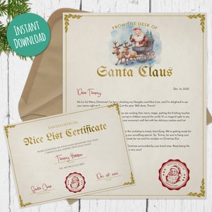 Carta editable de Santa, Certificado de lista agradable, Regalo de Navidad para niños, Plantilla de regalo personalizada, Descarga instantánea digital, Imprimible