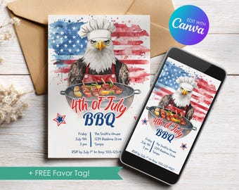 4th of July BBQ Party Invitation, Editable Independence Day BBQ Party Invite, Personalized Canva Template, Instant Download, Printable, DIY