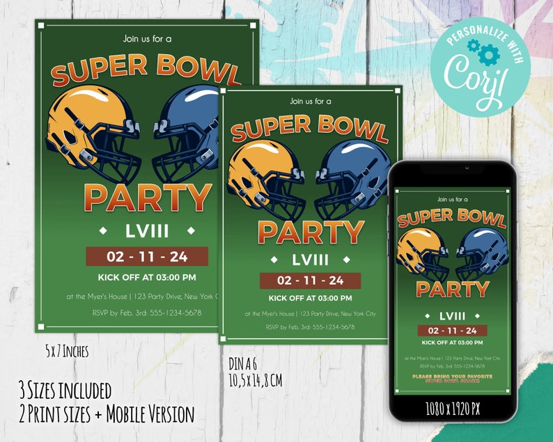 Editable Super Bowl Invitation, Superbowl Invite, Football Watch Party, Super Bowl LVIII ...