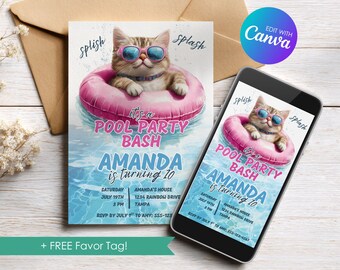 Editable Gray Cat Pool Party Birthday Invitation, Pink, Swimming Party Invite, Pool Party Bash, Personalized Template, Download Printable