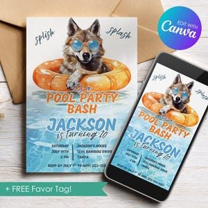 Editable Wolf Pool Party Birthday Invitation, Swimming Party Invite, Summer Pool Party Bash, Personalized Canva Template, Download Printable