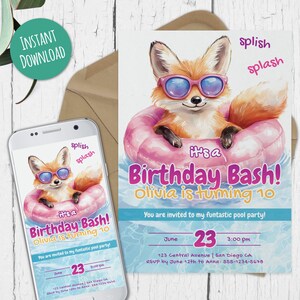 Invito per festa di compleanno in piscina Fox rosa, invito per festa in piscina modificabile, modello digitale personalizzato, download immediato, stampabile