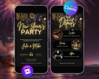 May include: Two smartphones displaying a New Year's Party invitation. The left phone shows "New Year's Party" in gold script, hosted by Julie & Mike. The right phone details the location, drinks, and attire. The background is black with gold fireworks.