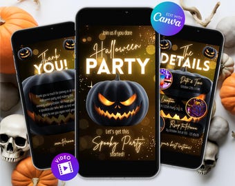 Animated Halloween Invitation Bundle, Editable Halloween Party Video Invite, Digital Canva Template, Costume Party Evite