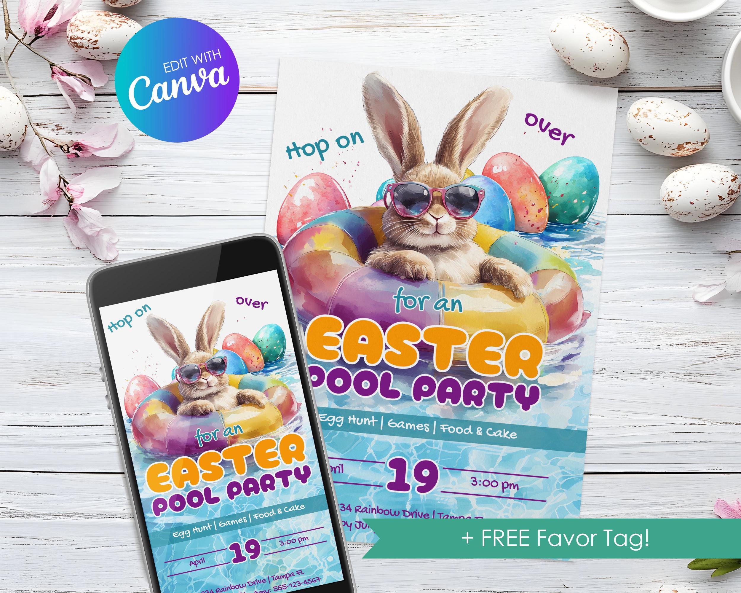 Easter Pool Party Invitation, Editable Easter Bunny Swimming Party ...