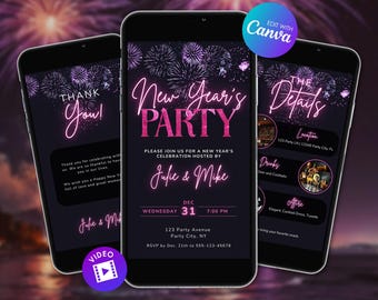 Pacchetto di inviti animati per Capodanno, invito digitale per la festa di Capodanno con video di ringraziamento, invito per fuochi d'artificio per Capodanno, modello Canva modificabile