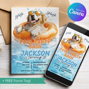 Invito modificabile per festa di compleanno in piscina a tema Golden Retriever, cane, invito per festa estiva in piscina, modello personalizzato, stampabile in digitale