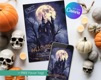 Editable Haunted House Invitation, Halloween Costume Party Invite, Personalized Halloween Party Template, Digital Download, Printable, Canva
