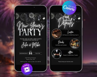 May include: Two smartphones displaying a New Year's Party invitation. The invitation features silver text on a black background with fireworks. Details include location, drinks, and attire. The invitation is hosted by Julie & Mike.
