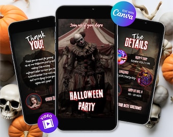 Animated Haunted Circus Halloween Invitation Bundle, Horror Clown Party Video Invite, Editable Digital Template, Costume Party, Evite