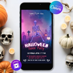 May include: A smartphone displays a Halloween party invitation with a dancing skeleton, pumpkins, and skulls. The invitation reads "Halloween Dance Party" with date, time, and location details. The background is a gradient of purple and blue. Decorative pumpkins and skulls surround the phone.