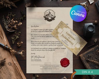 Editable Wizard School Acceptance Letter Set, Gift Bundle for Wizard Fans, Personalized Gift Template, Printable Magic School Train Ticket