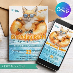 Fox Pool Party Birthday Invitation Orange, Editable Swimming Party Invite, Summer Birthday, Personalized Canva Template, Download Printable