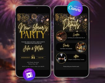 May include: Two smartphones displaying a New Year's Party invitation. The invitation features gold text on a black background with fireworks. Details include location, drinks, attire, and RSVP information.