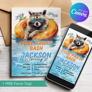 Editable Raccoon Pool Party Birthday Invitation, Swimming Party Invite, Pool Party Bash, Personalized Canva Template, Download Printable