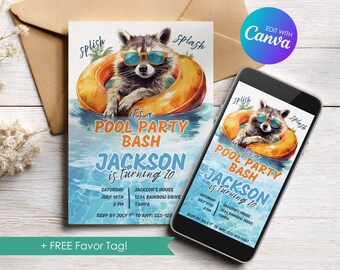 Editable Raccoon Pool Party Birthday Invitation, Swimming Party Invite, Pool Party Bash, Personalized Canva Template, Download Printable