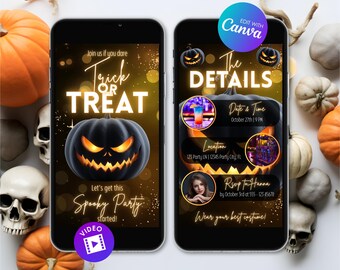 Animated Trick Or Treat Halloween Invitation, Editable Halloween Party Video Invite, Digital Template, Jack O Lantern Costume Party Evite