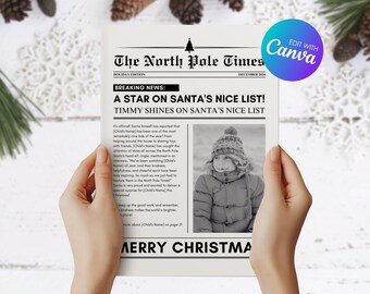 Custom Kids Christmas Newspaper, Personalized XMAS Newspaper, Printable Santa News, Editable Digital Canva Template, DIY Gift for Kids