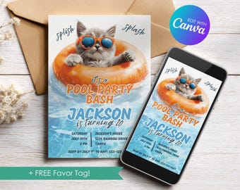 Editable Gray Cat Pool Party Birthday Invitation, Orange, Swimming Party Invite, Pool Party Bash, Personalized Template, Download Printable