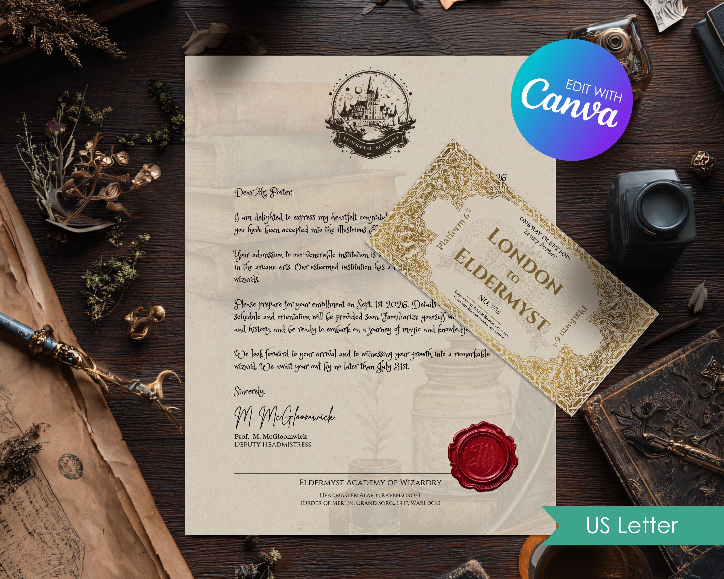 Editable Wizard School Acceptance Letter Set, Gift Bundle for Wizard Fans, Personalized Gift Template, Printable Magic School Train Ticket