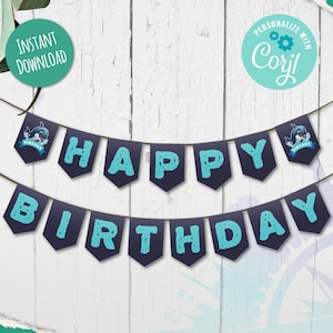 Bearbeitbare Orca Geburtstag Party Banner Geburtstagsgirlande Personalisierte bearbeitbare Vorlage Digitaler Sofort-Download Druckbare Party Whale Blue K001