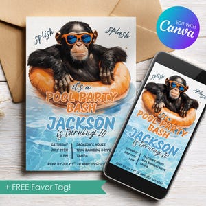 May include: Pool party invitation with a chimpanzee wearing sunglasses on an inflatable ring. The invitation includes the text "It's a Pool Party Bash" and details for Jackson's 10th birthday. The invitation is on a smartphone.