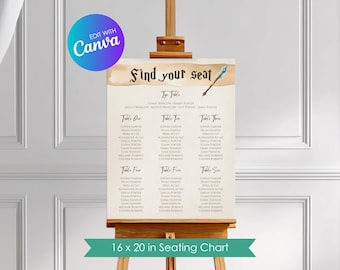 Editable Wizard Wedding Seating Chart, Table Cards, Place Cards, Personalized Canva Template, Instant Download, Printable, W001