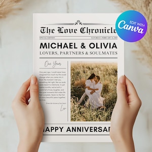 Periódico de aniversario de pareja personalizado, historia de amor personalizada, regalo imprimible para pareja, plantilla digital editable de Canva, regalo DIY para parejas