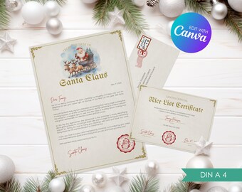 Editable Letter from Santa + Nice List Certificate, Christmas Gift Bundle for Kids, Personalized Canva Template, Printable Instant Download