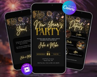 Pacchetto di inviti animati per Capodanno, invito digitale per la festa di Capodanno con video di ringraziamento, invito per fuochi d'artificio per Capodanno, modello Canva modificabile