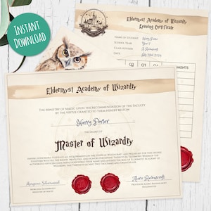 Conjunto de diplomas de escuela de magos editables, paquete de regalo para fanáticos de los magos, plantilla de regalo personalizada, descarga instantánea digital, imprimible