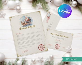 Editable Letter from Santa + Nice List Certificate, Christmas Gift Bundle for Kids, Personalized Canva Template, Printable Instant Download