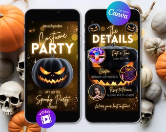 Animated Halloween Costume Party Invitation, Editable Halloween Party Video Invite, Digital Canva Template, Jack O Lantern Party Evite