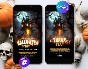 May include: Two smartphones displaying Halloween party invitations. The first phone shows a haunted house graphic with the text "HALLOWEEN PARTY" and event details. The second phone says "THANK YOU!" with a similar haunted house design. Pumpkins and skulls surround the phones.
