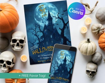 Editable Haunted House Invitation, Halloween Costume Party Invite, Personalized Halloween Party Template, Digital Download, Printable, Canva