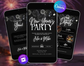 Pacchetto di inviti animati per Capodanno, invito digitale per la festa di Capodanno con video di ringraziamento, invito per fuochi d'artificio per Capodanno, modello Canva modificabile