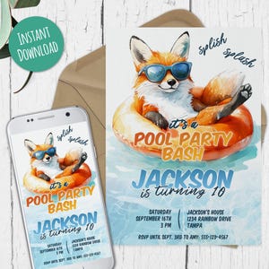 Invito per festa di compleanno in piscina Fox Orange, invito per festa in piscina modificabile, modello digitale personalizzato, download immediato, stampabile