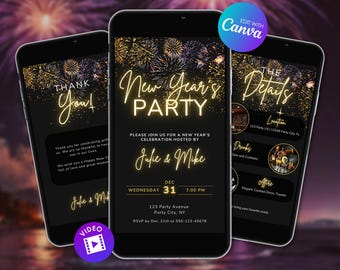 Pacchetto di inviti animati per Capodanno in oro neon, invito digitale per la festa di Capodanno e video di ringraziamento, invito per fuochi d'artificio, modello Canva modificabile