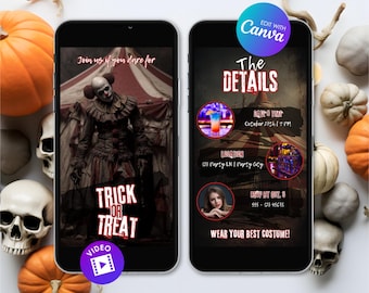 Animated Trick or Treat Halloween Invitation, Haunted Circus Party Video Invite, Editable Digital Template, Horror Clown Costume Party Evite