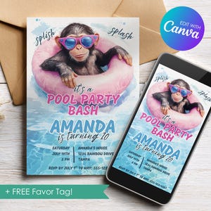 Editable Monkey Pool Party Invitation, Pink Chimp Pool Invite, Girl Birthday Bash Invite, Digital Template, Instant Download, Printable DIY