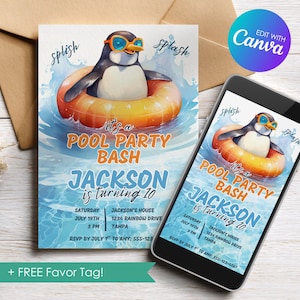 Bewerkbare verjaardagsuitnodiging Penguin Pool Party, zwemfeestje uitnodiging, Summer Pool Party Bash, gepersonaliseerde sjabloon, download afdrukbare