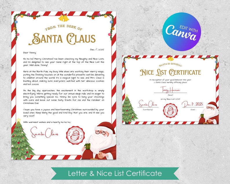 Letter From Santa + Nice List Certificate - Din A 4 Size - Editable ...