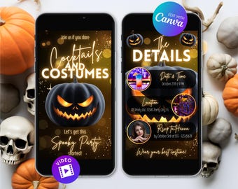 Animated Cocktails And Costumes Halloween Invitation, Editable Halloween Party Video Invite, Digital Canva Template, Costume Party Evite