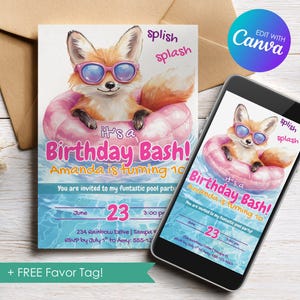 Fox Pool Party Birthday Invitation Pink, Editable Swimming Party Invite, Summer Birthday, Personalized Canva Template, Download Printable