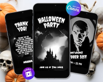 May include: Three black smartphones displaying Halloween-themed graphics. One says "Thank You!" with event details, another says "Halloween Party" with a castle silhouette, and the third features a vintage portrait and event time.