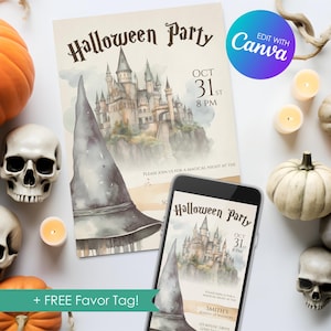 Editable Wizard Hat Invitation, Halloween Party Invite, Personalized Wizard School Template, Digital Invitation Download, Printable, Canva