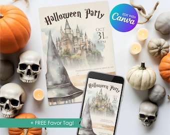 Editable Wizard Hat Invitation, Halloween Party Invite, Personalized Wizard School Template, Digital Invitation Download, Printable, Canva