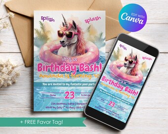 Editable Unicorn Pool Party Birthday Invitation, Pink Swimming Party Invite, Pool Party Bash, Personalized Template, Download Printable