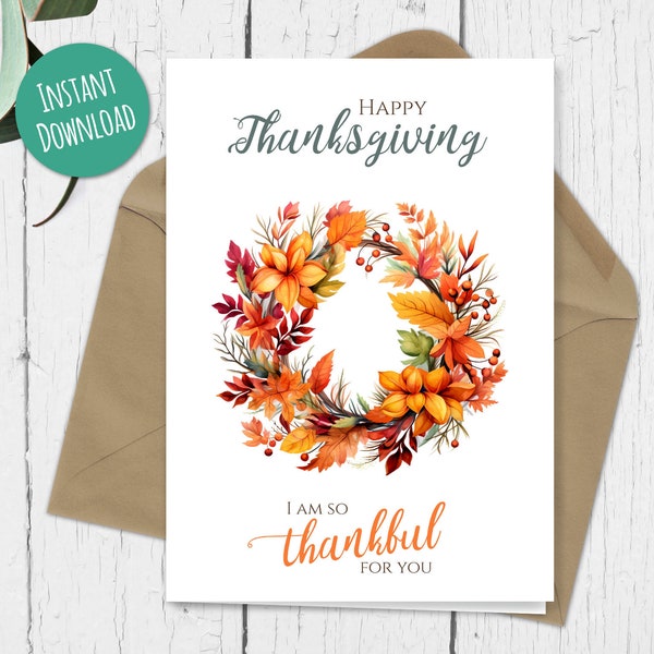 Editable Thanksgiving Greeting Card, Happy Thanksgiving Card, Thanksgiving Wreath, Editable Template Digital Instant Download, Printable