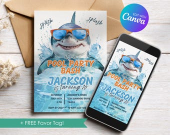 Editable Shark Pool Party Birthday Invitation, Swimming Party Invite, Summer Birthday Bash, Personalized Canva Template, Download Printable